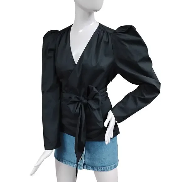 Zara Poplin Mock Wrap Blouse Size XL Black Long Puffy Sleeves Tie at the Waist - Picture 2 of 9